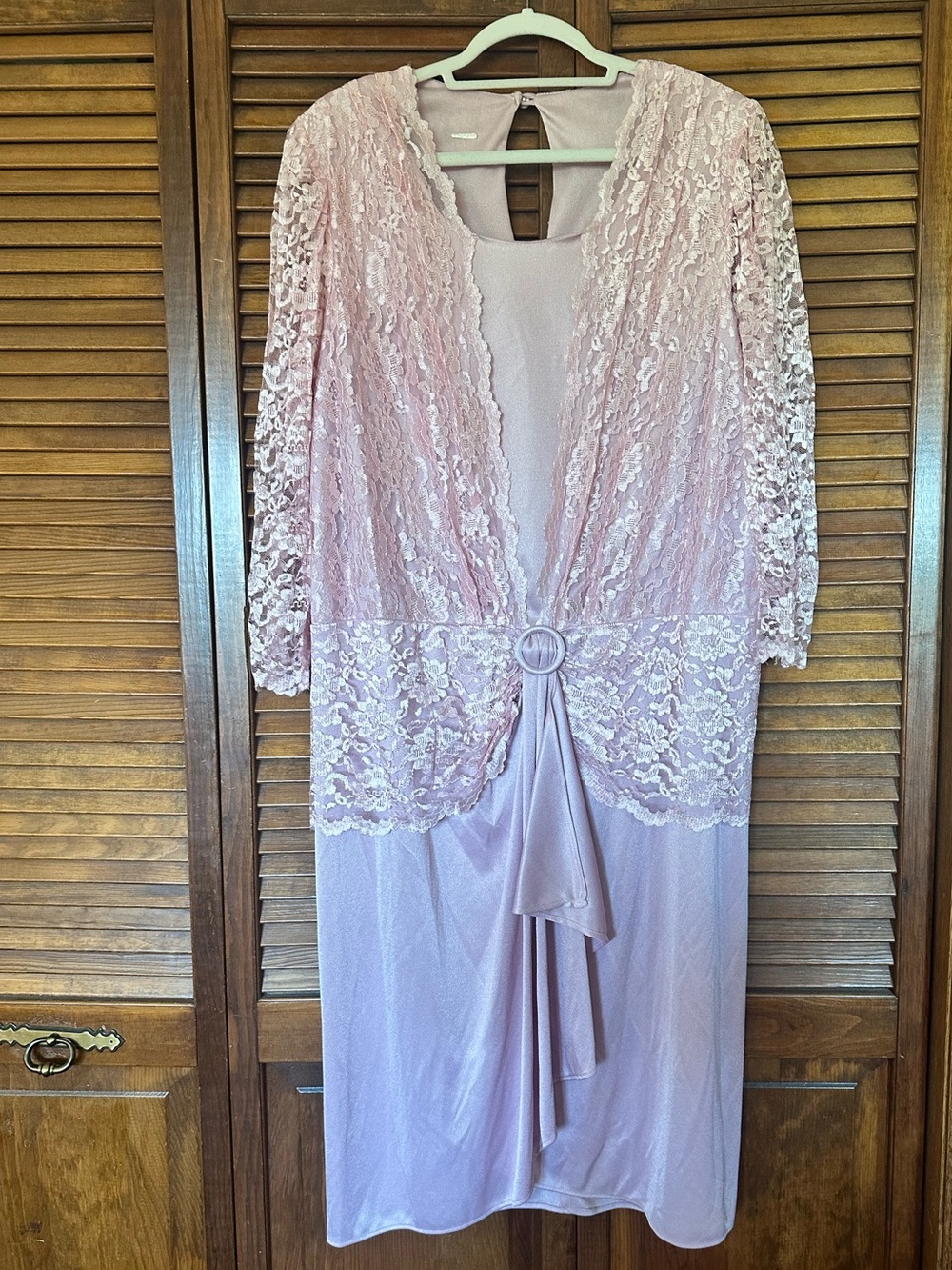 1980s Vintage Pink Lace Midi Cocktail Dress with Draped Front size XL
